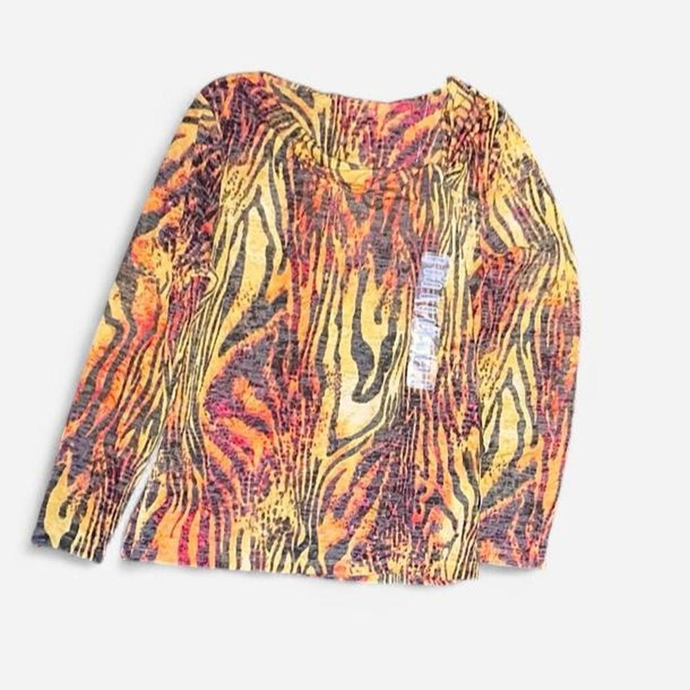 Chaus Yellow Orange Zebra Tiger Print Cowl Neck Long Sleeve Top NWT – Size M - Picture 5 of 8
